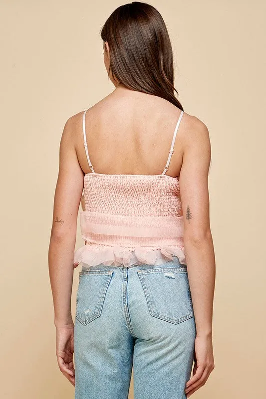 Peach Pleats Bow Cropped Top