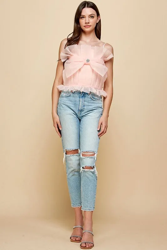 Peach Pleats Bow Cropped Top