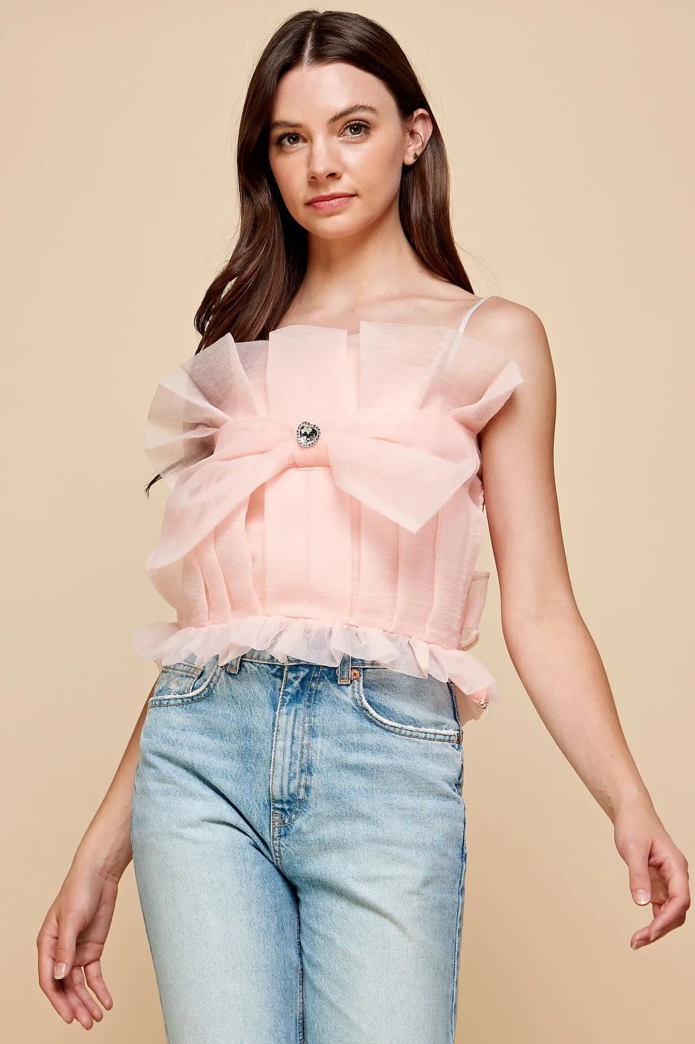 Peach Pleats Bow Cropped Top