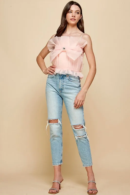 Peach Pleats Bow Cropped Top