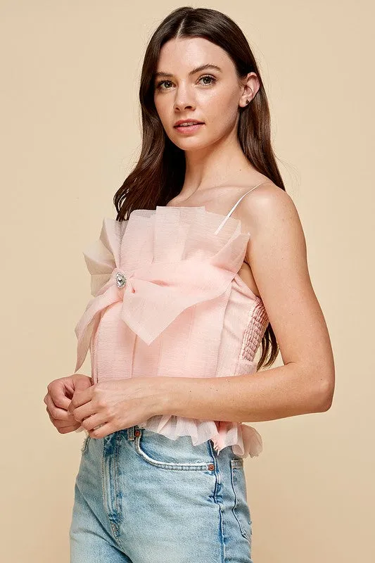 Peach Pleats Bow Cropped Top