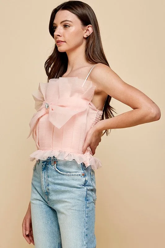 Peach Pleats Bow Cropped Top