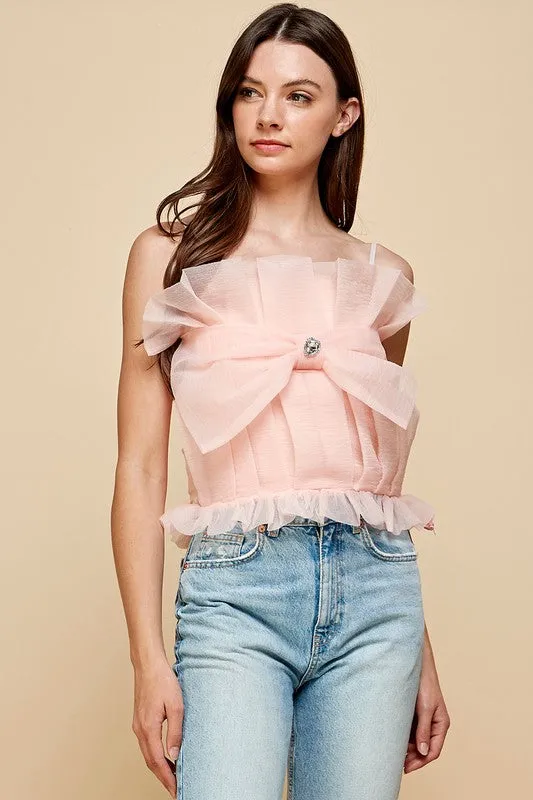 Peach Pleats Bow Cropped Top