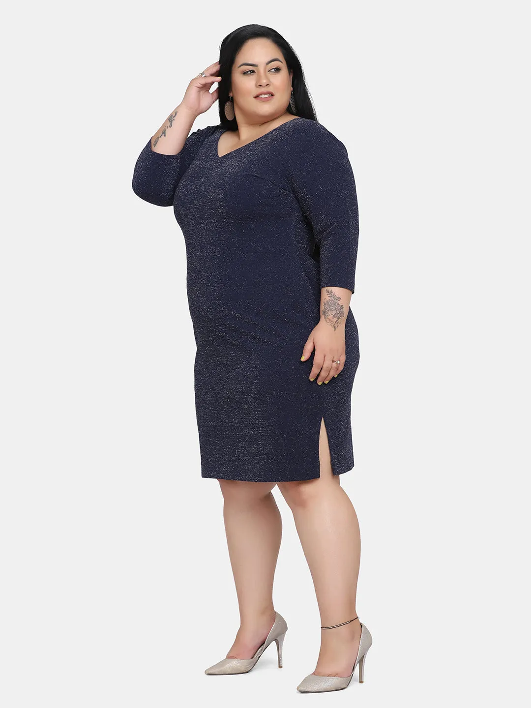 Plus size Shimmery Stretch Party Dress - Navy Blue