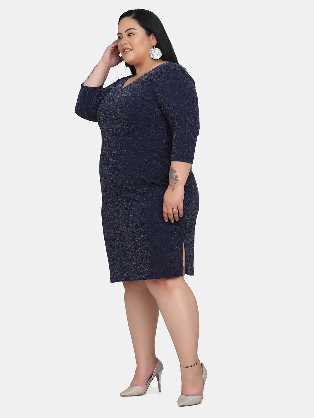 Plus size Shimmery Stretch Party Dress - Navy Blue