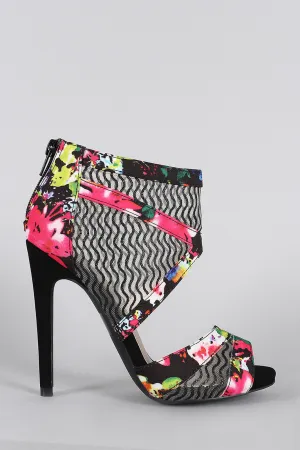 Qupid Floral Wavy Semi-Sheer Mesh Cuff Peep Toe Stiletto Heel