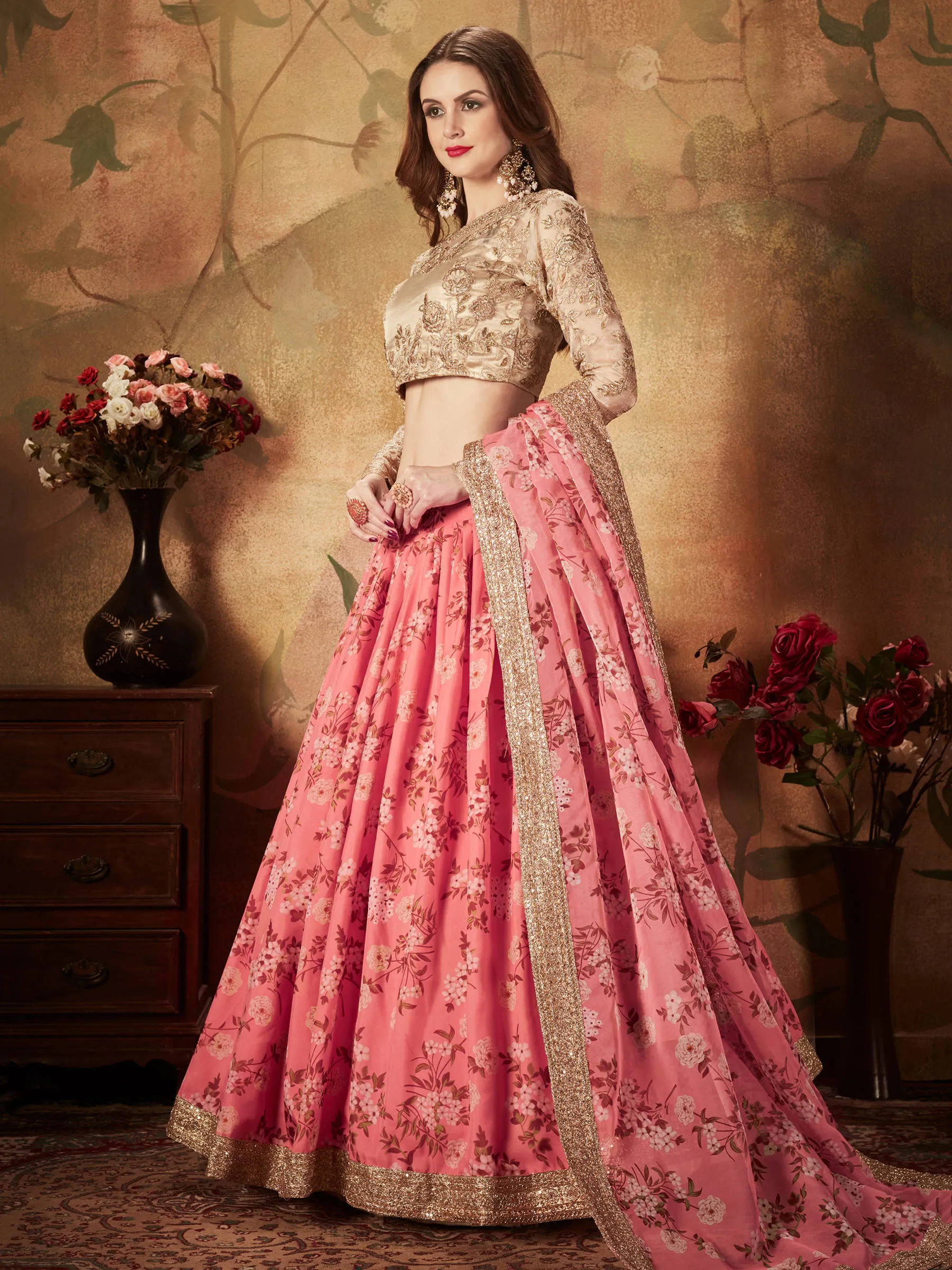 Ravishing Pink Sabyasachi Digital Printed Organza Party Wear Lehenga Choli With Blouse