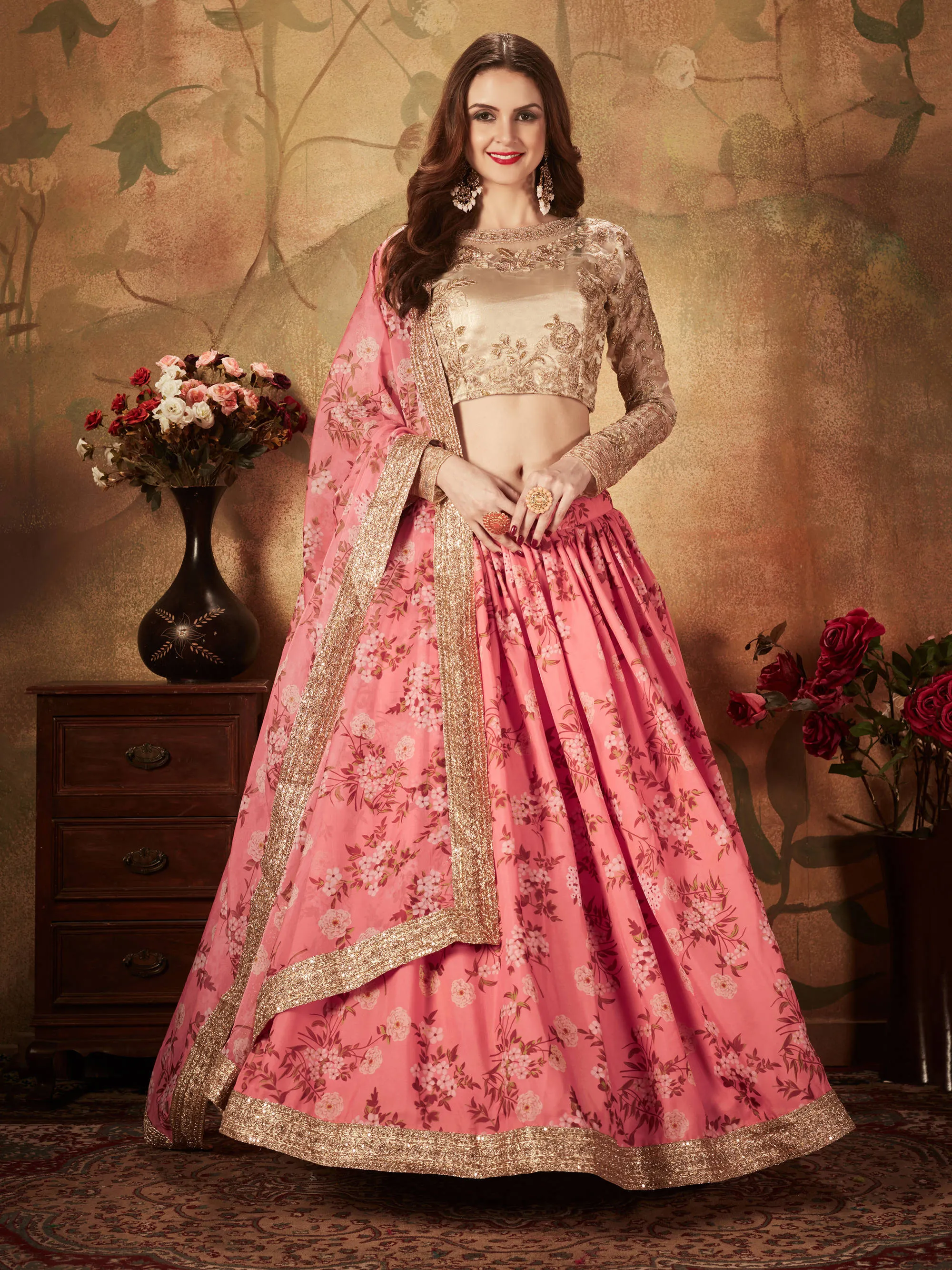 Ravishing Pink Sabyasachi Digital Printed Organza Party Wear Lehenga Choli With Blouse