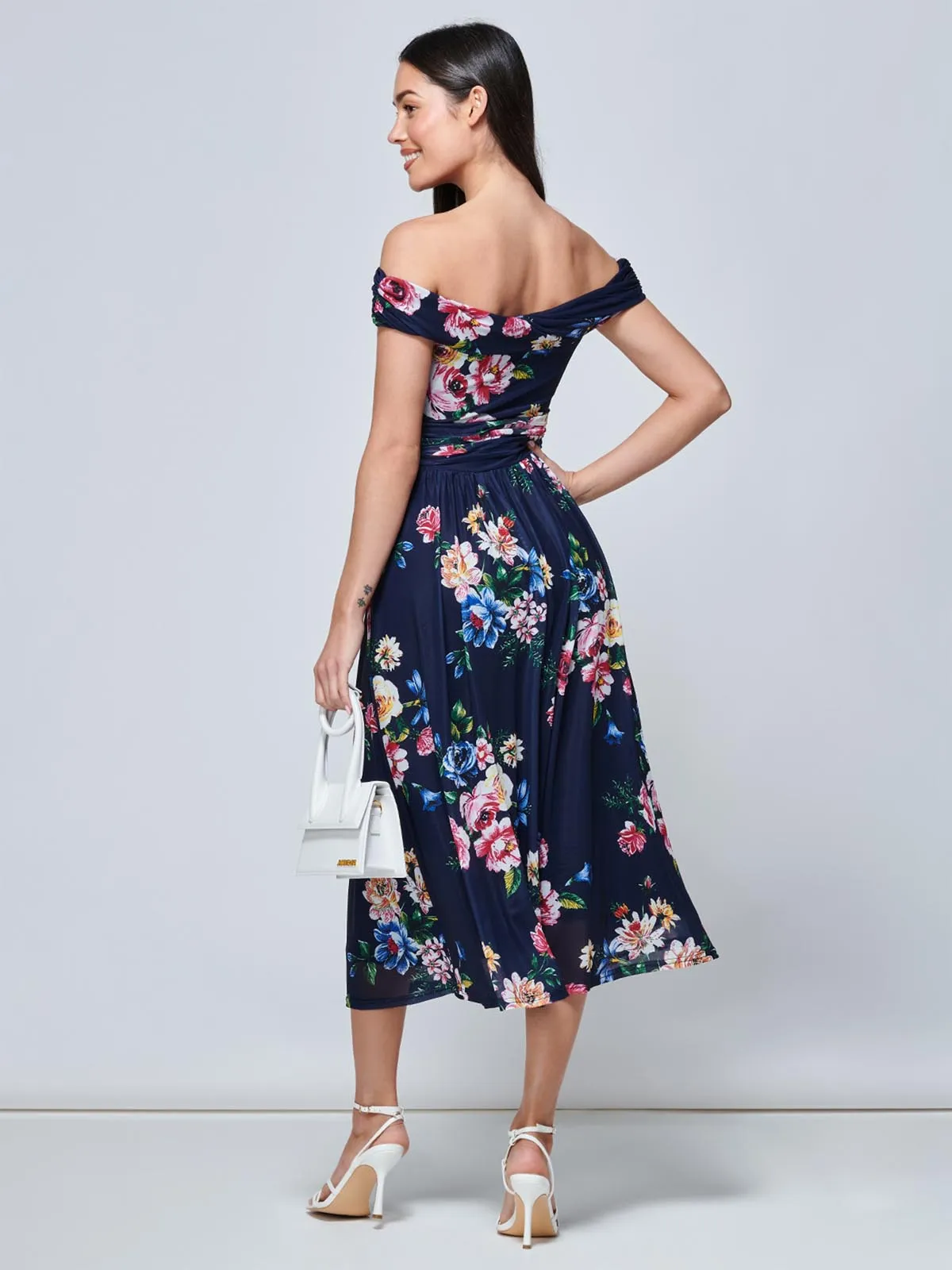 Rawiya Bardot Neck Mesh Dress, Navy Floral