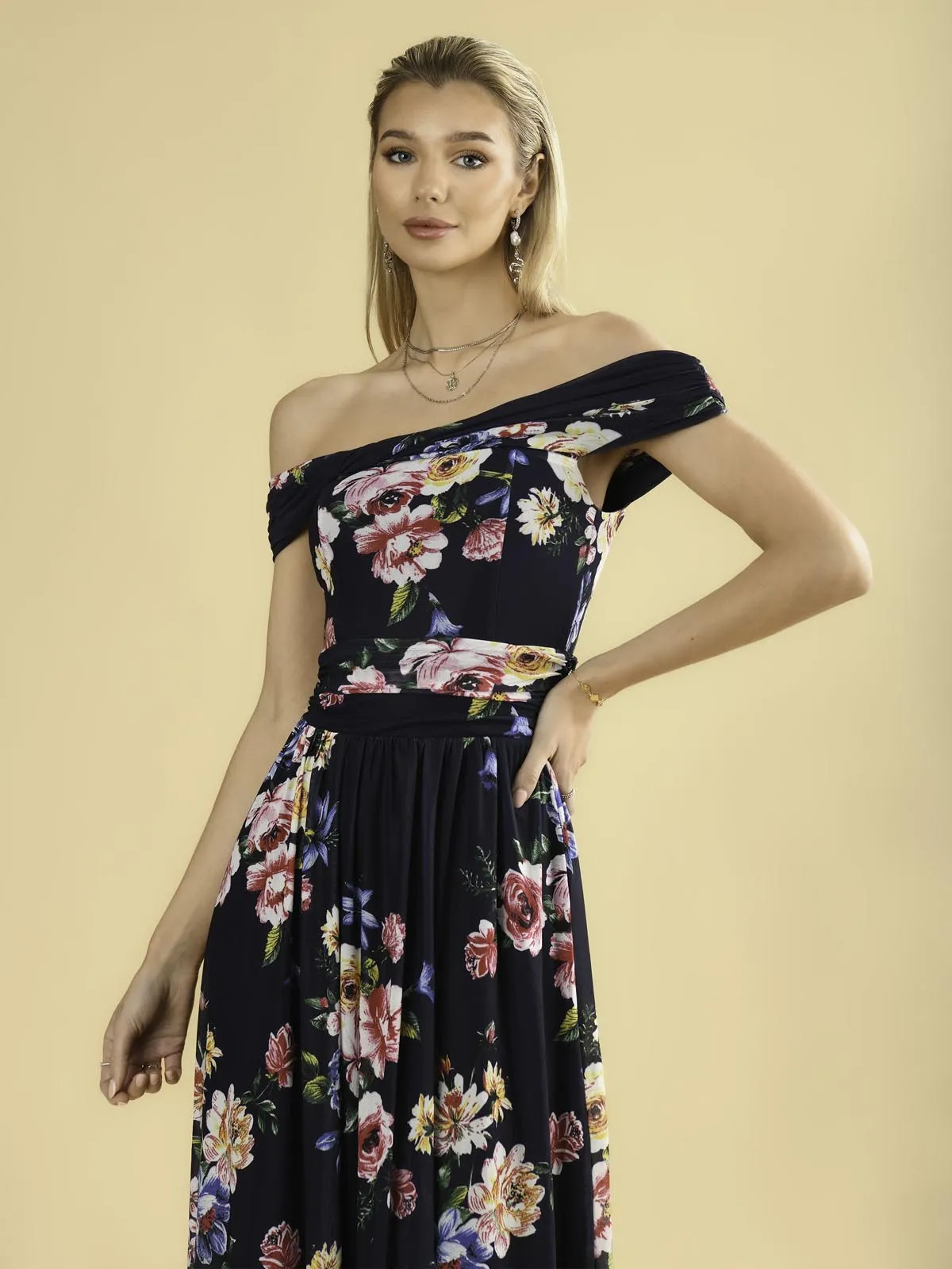 Rawiya Bardot Neck Mesh Dress, Navy Floral