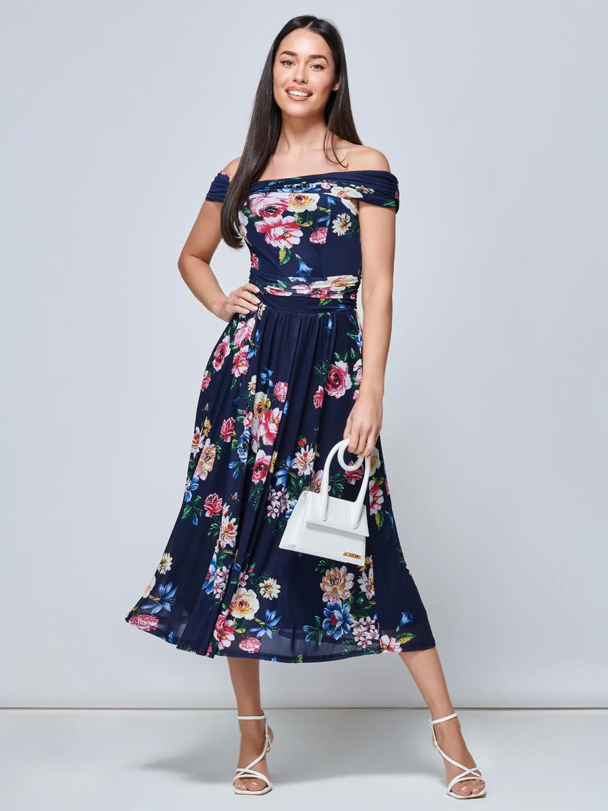 Rawiya Bardot Neck Mesh Dress, Navy Floral