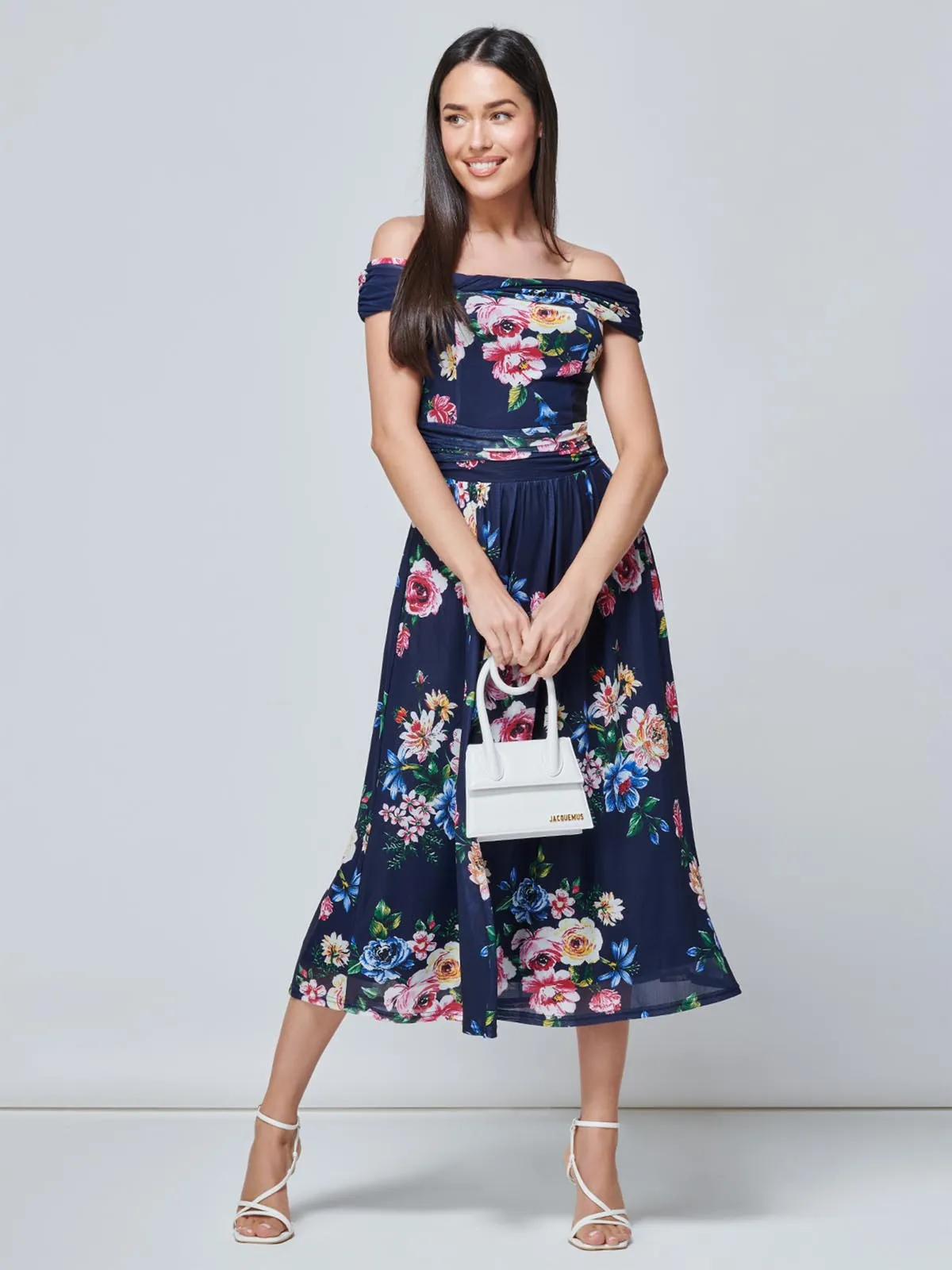 Rawiya Bardot Neck Mesh Dress, Navy Floral