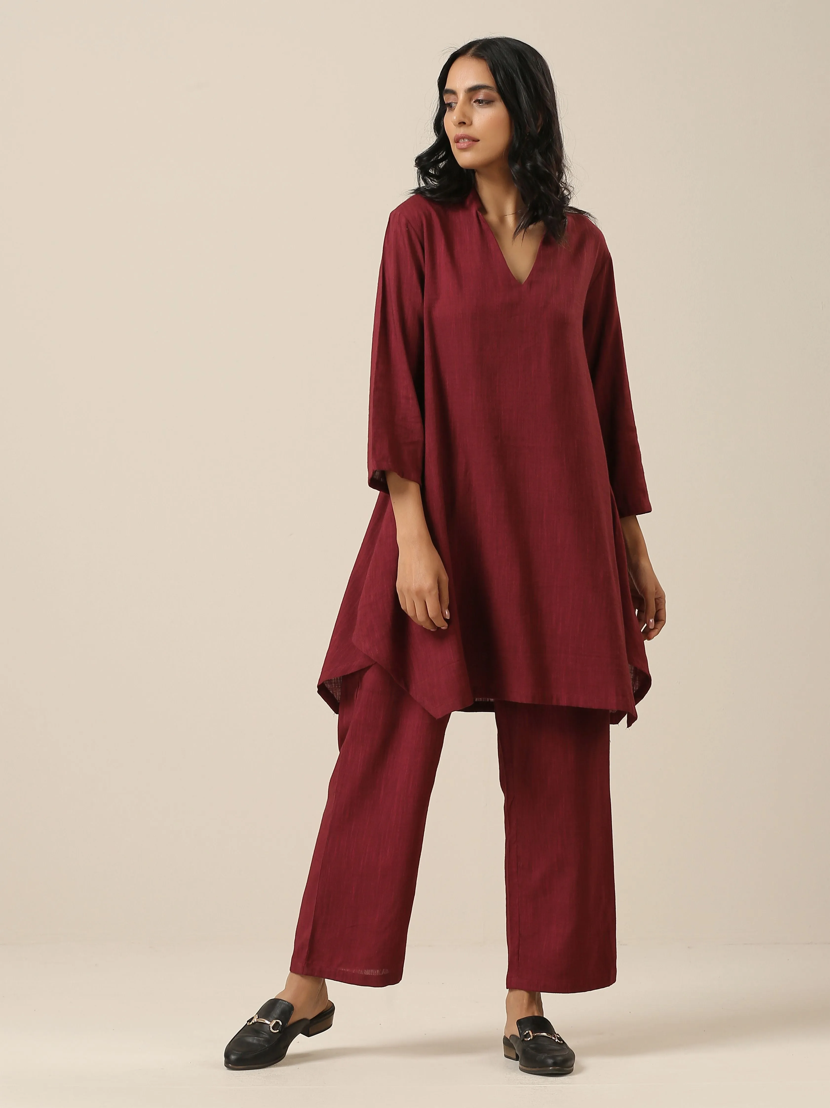 Ruby Wine Slub Textured Collar Co-Ord Set