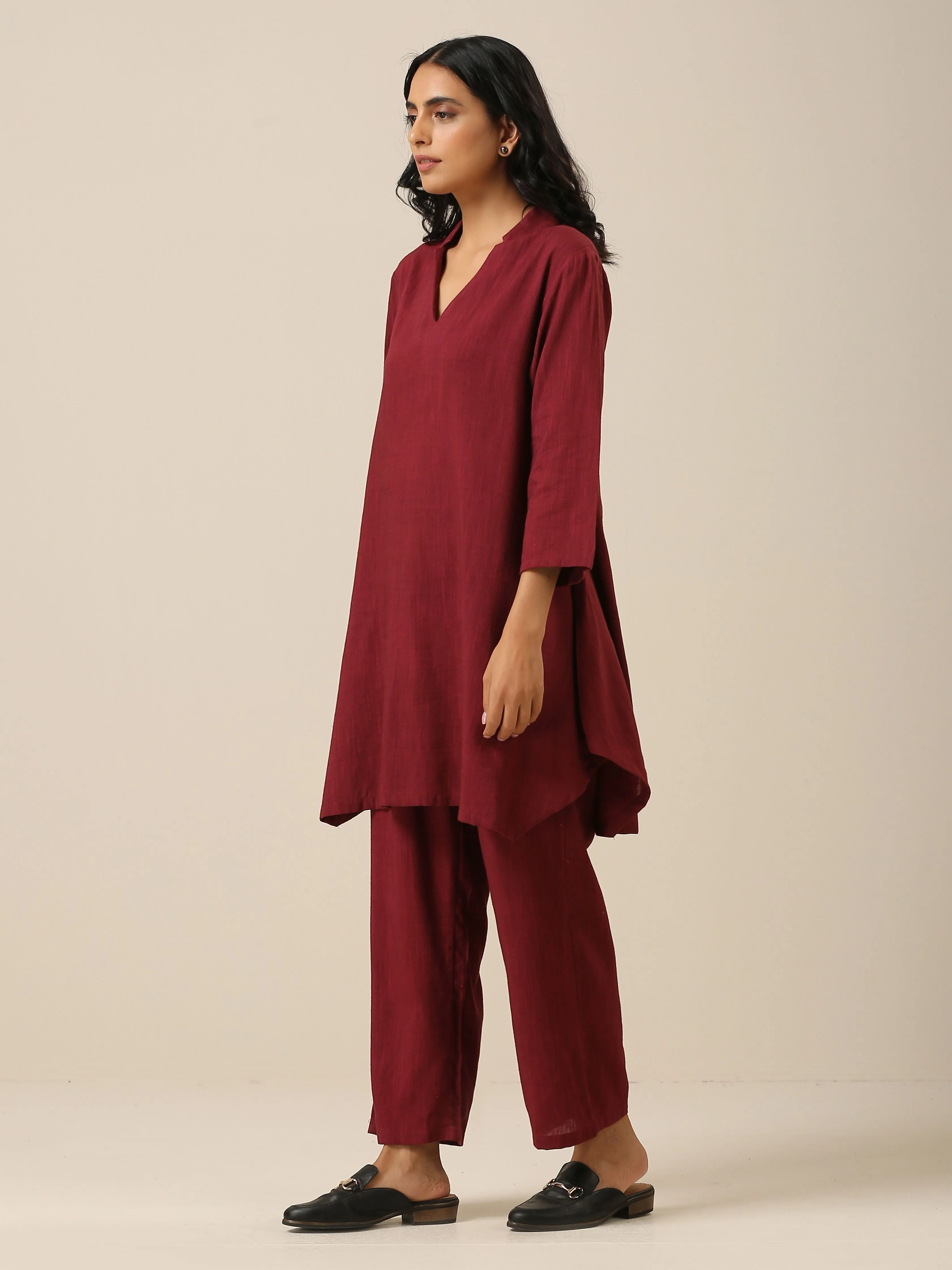 Ruby Wine Slub Textured Collar Co-Ord Set