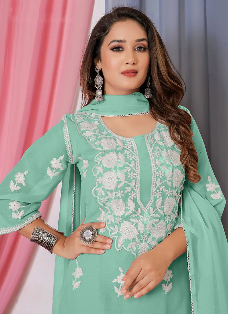 Sea Green Lucknowi Thread Embroidery Palazzo Suit