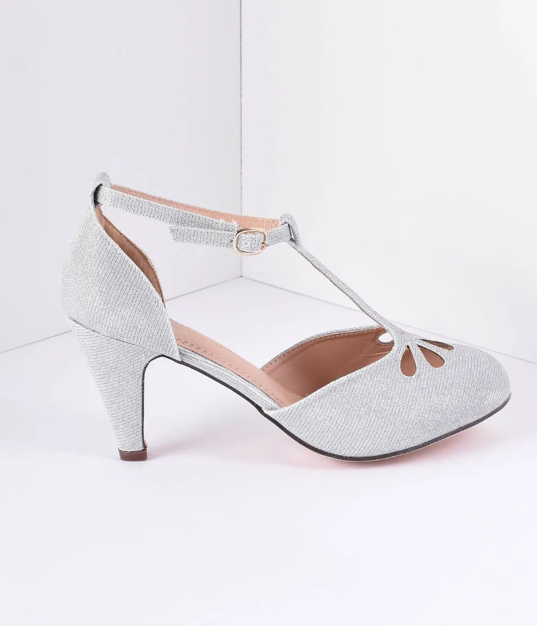 Silver Sparkle Cutout Kimmy T-Strap Heels