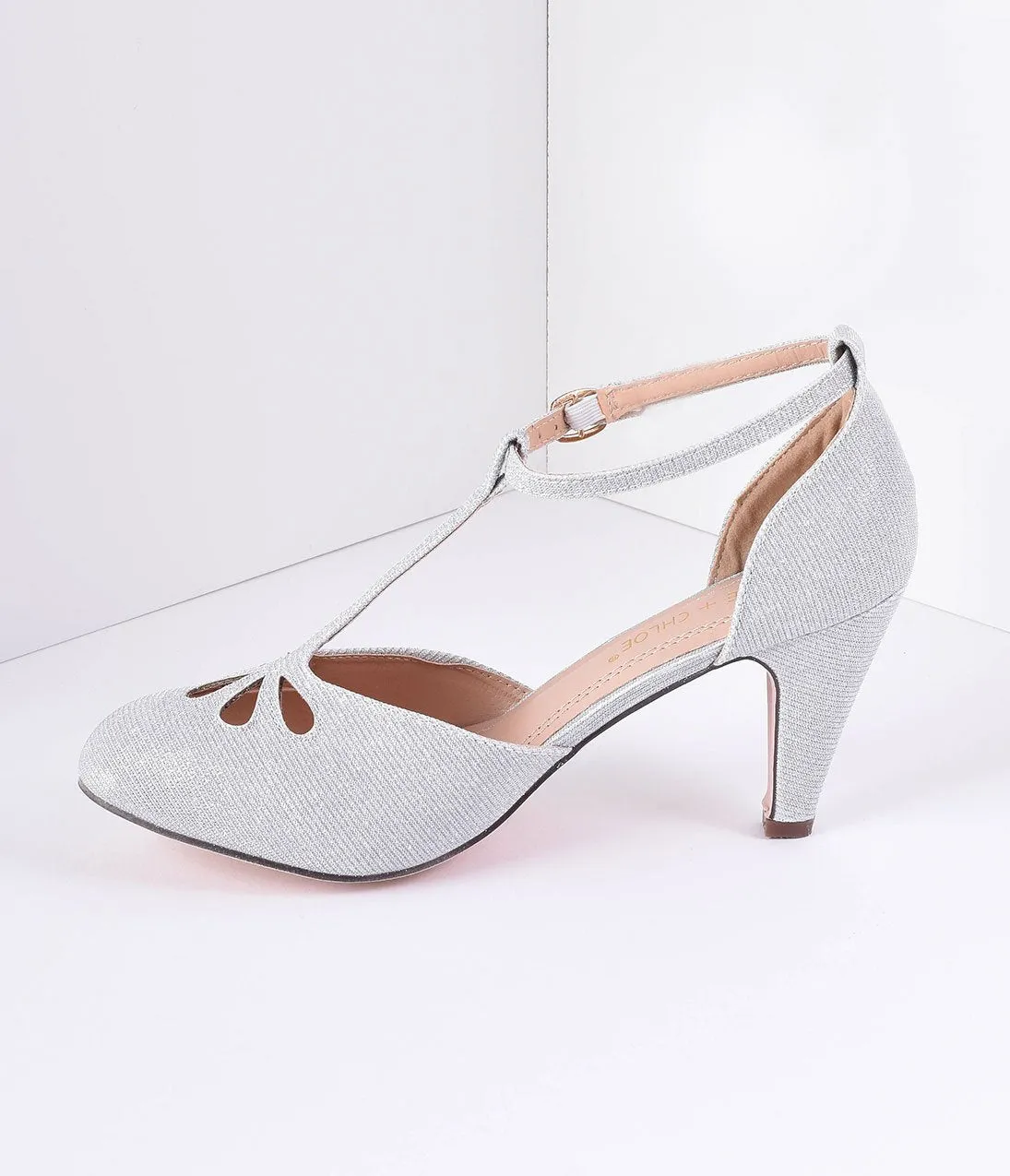 Silver Sparkle Cutout Kimmy T-Strap Heels