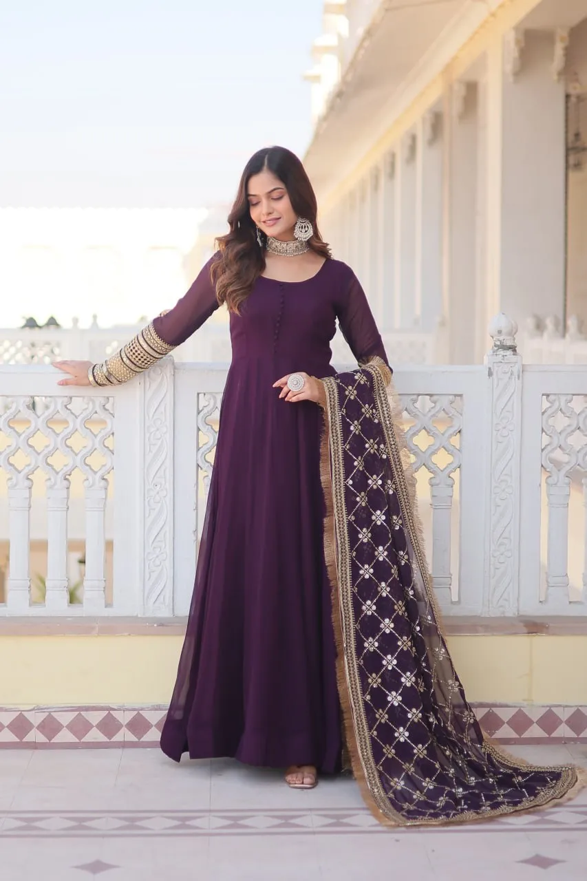 Wine Faux Blooming Gown with Dupatta Featuring Attractive Embroidered Sequins Work and Lace Border