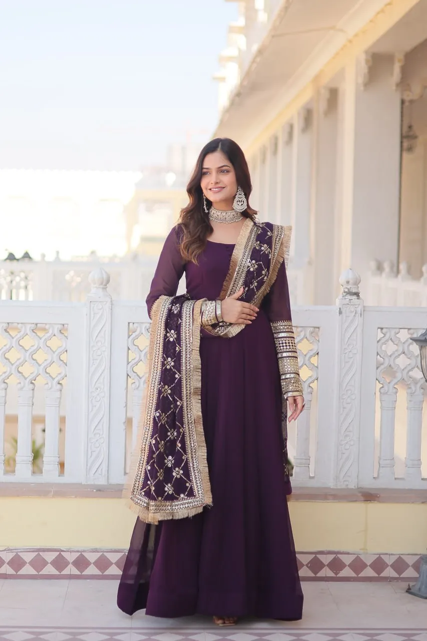 Wine Faux Blooming Gown with Dupatta Featuring Attractive Embroidered Sequins Work and Lace Border