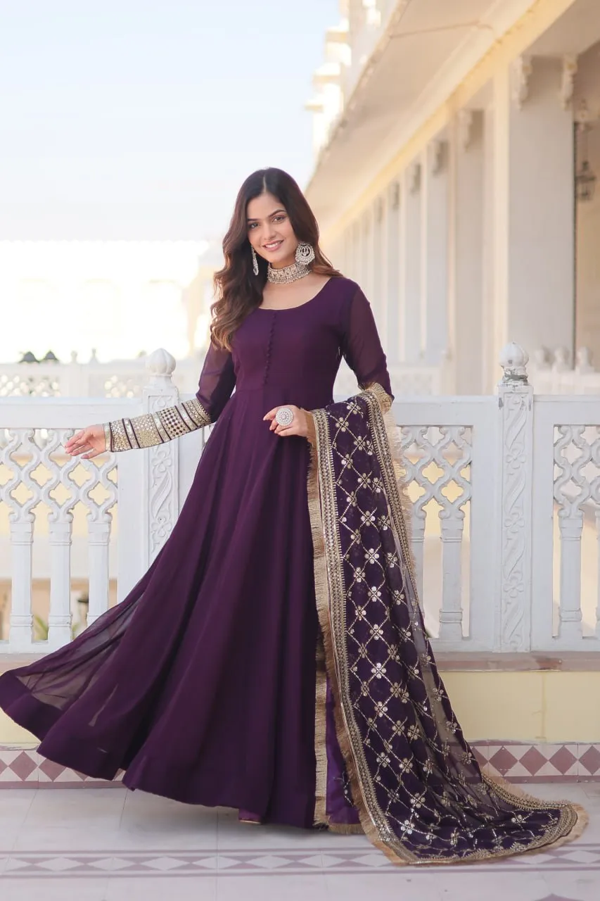 Wine Faux Blooming Gown with Dupatta Featuring Attractive Embroidered Sequins Work and Lace Border