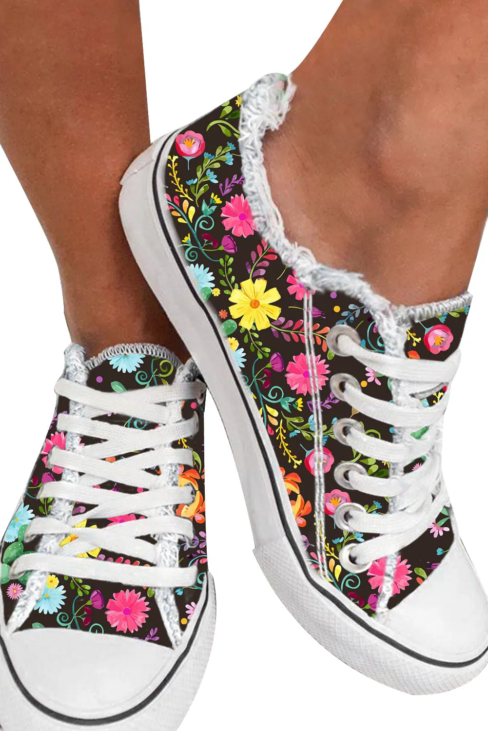 Women Flowers and Leaves Print Lace Up Casual Canvas Sneaker